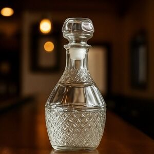 Vintage Pressed Glass Decanter with Stopper Criss Cross Grape Diamond Cut